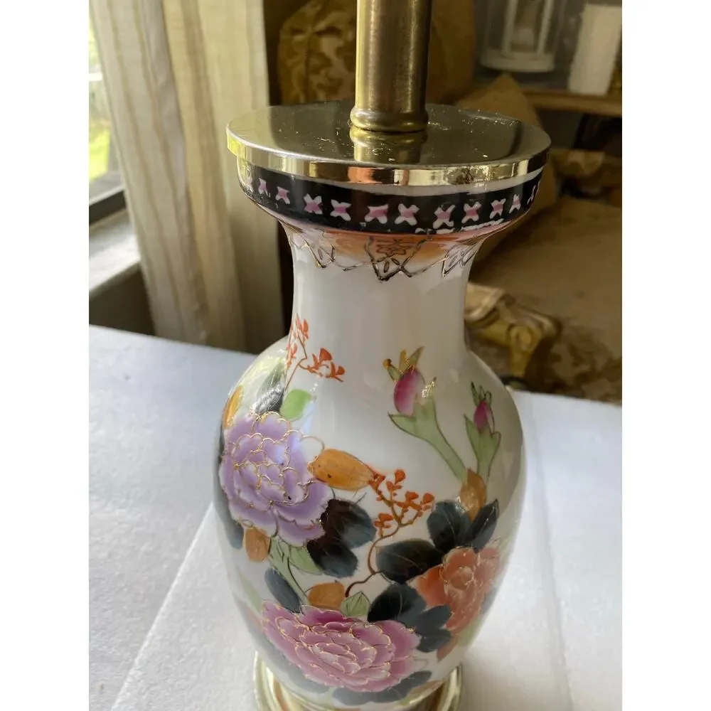 vintage hand-painted porcelain vase table lamp colorful floral brass metal base